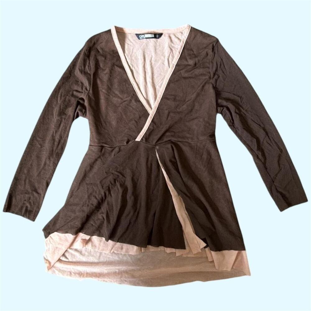 Euro brown and pink layered mesh ballet core babydoll long sleeve top